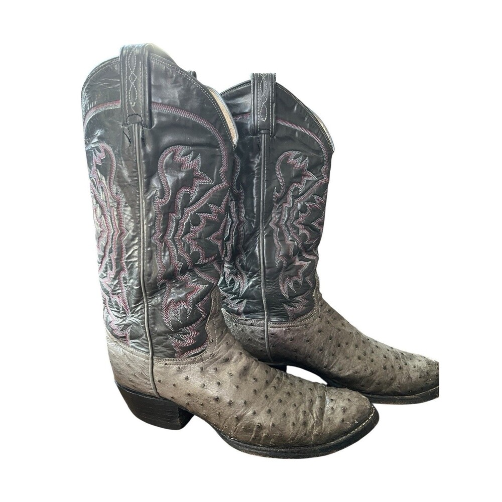 Vintage Tony Lama Mens Cowboy Boots Full Quill Ostrich 8610 Gray Size 7.5 E READ